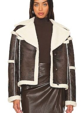 Tularosa Chocolate Brown Faux Shearling Moto Jacket with Cream Trim